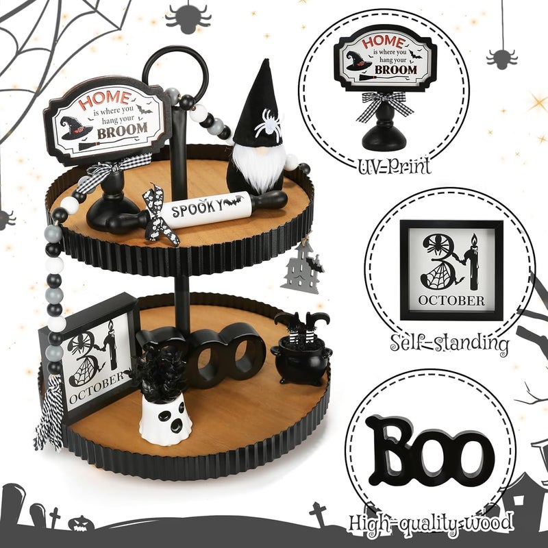 SYNCVIBE Halloween Decorations 8PCS Tiered Tray Decor, Cute Tabletop Halloween Decor for Home Tray Shelf Fireplace Mantel Coffee Bar Office Desk Table Centerpieces Farmhouse Rustic Spooky Wood Signs - Image 3
